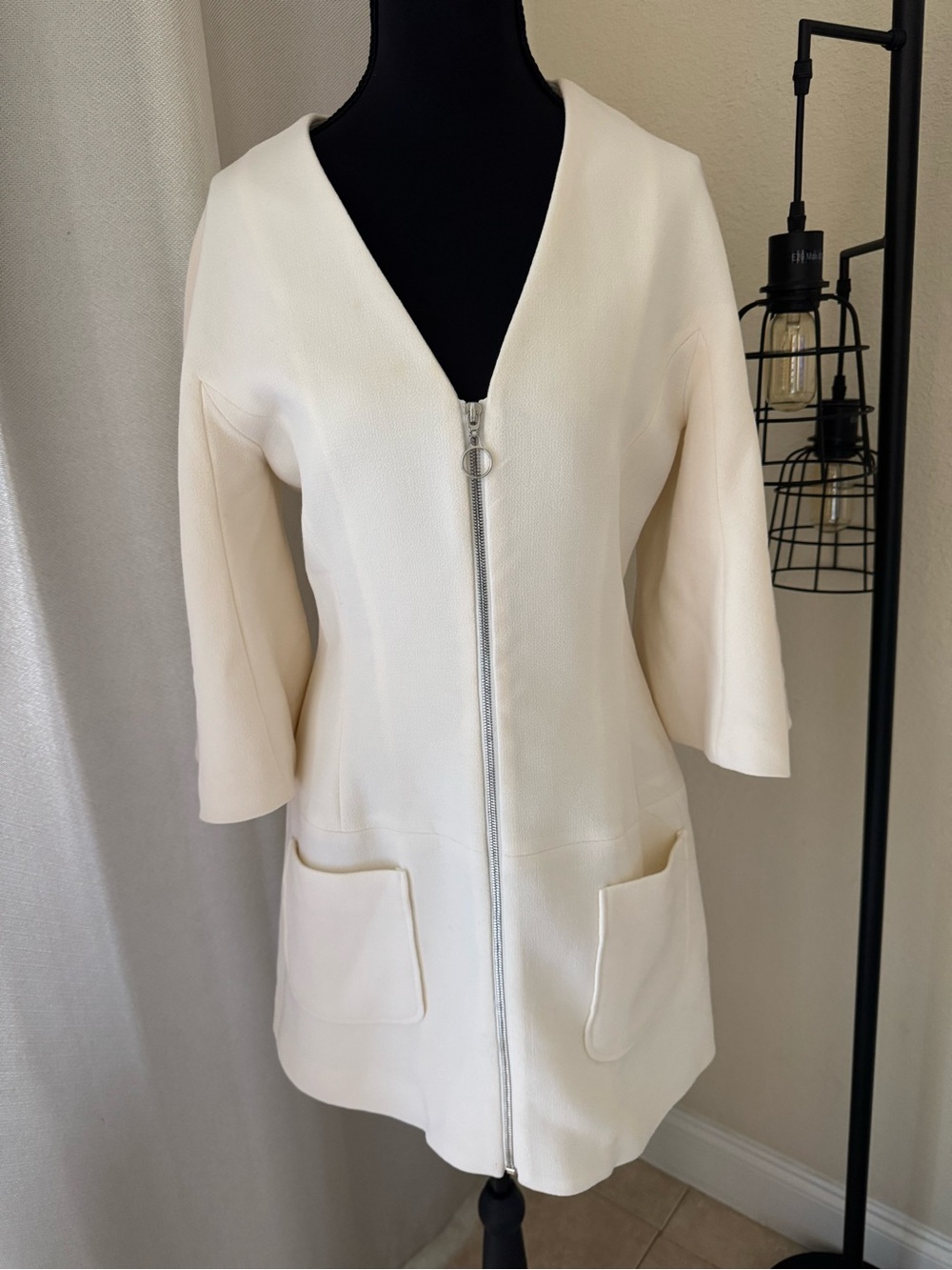 ALEXIS Dominique Ivory Wool Zip Front Mini Dress Size S Designer Pocket Dress - Picture 2 of 10